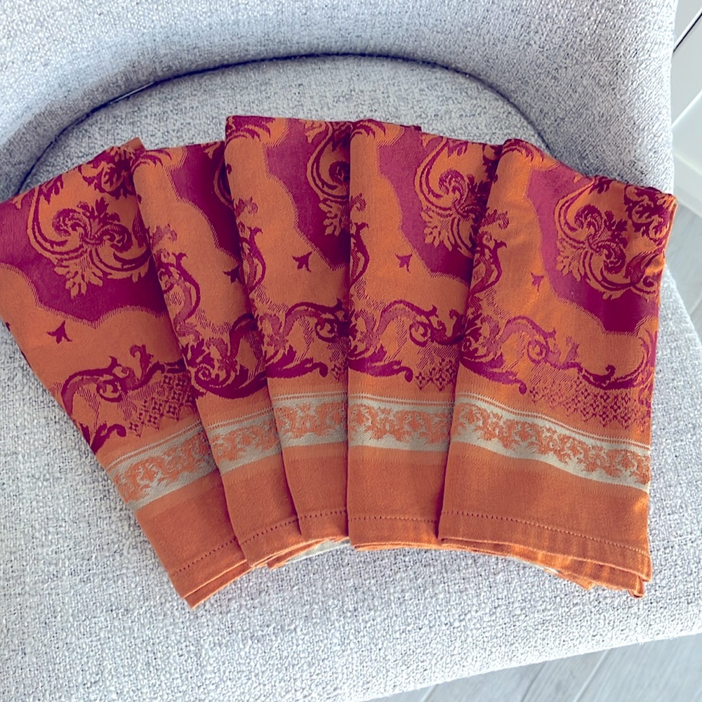 Garnier Thiebaut 100% cotton napkins 5 
Jaquard pattern orange maroon 19”square